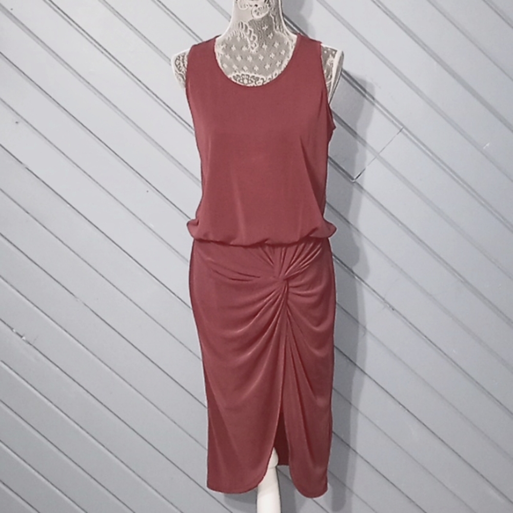 Allison Joy mauve twisted draped front sleeveless scoop neck midi dress
